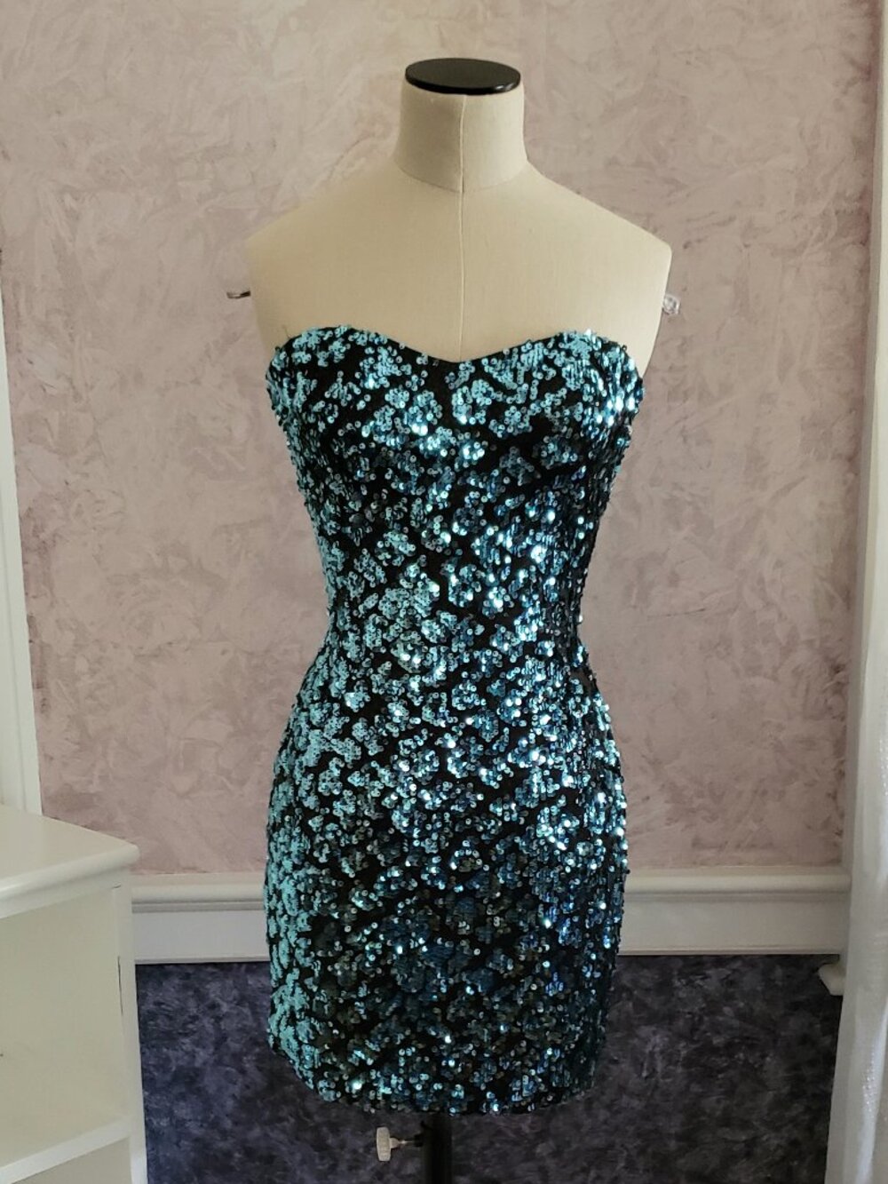Blue Black sequin strapless party mini dress Small